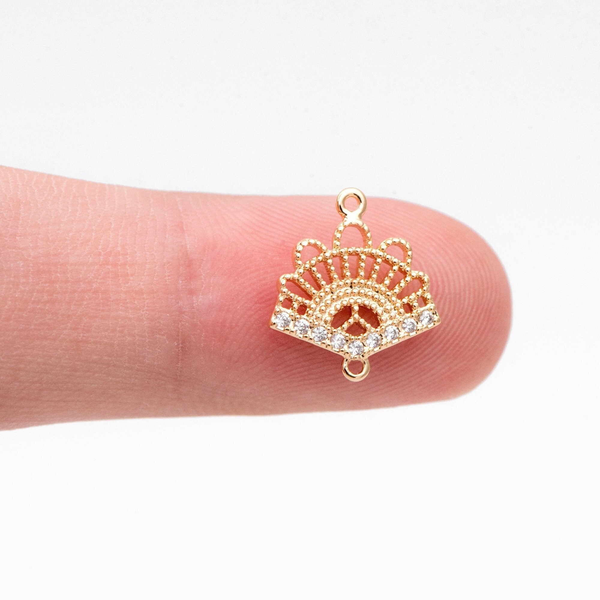 4pcs CZ Pave Gold Fan Shaped Connectors 13x12mm, Earring Findings, Jewelry Making, Diy Material, Jewelry Supplies (GB-2005-D)